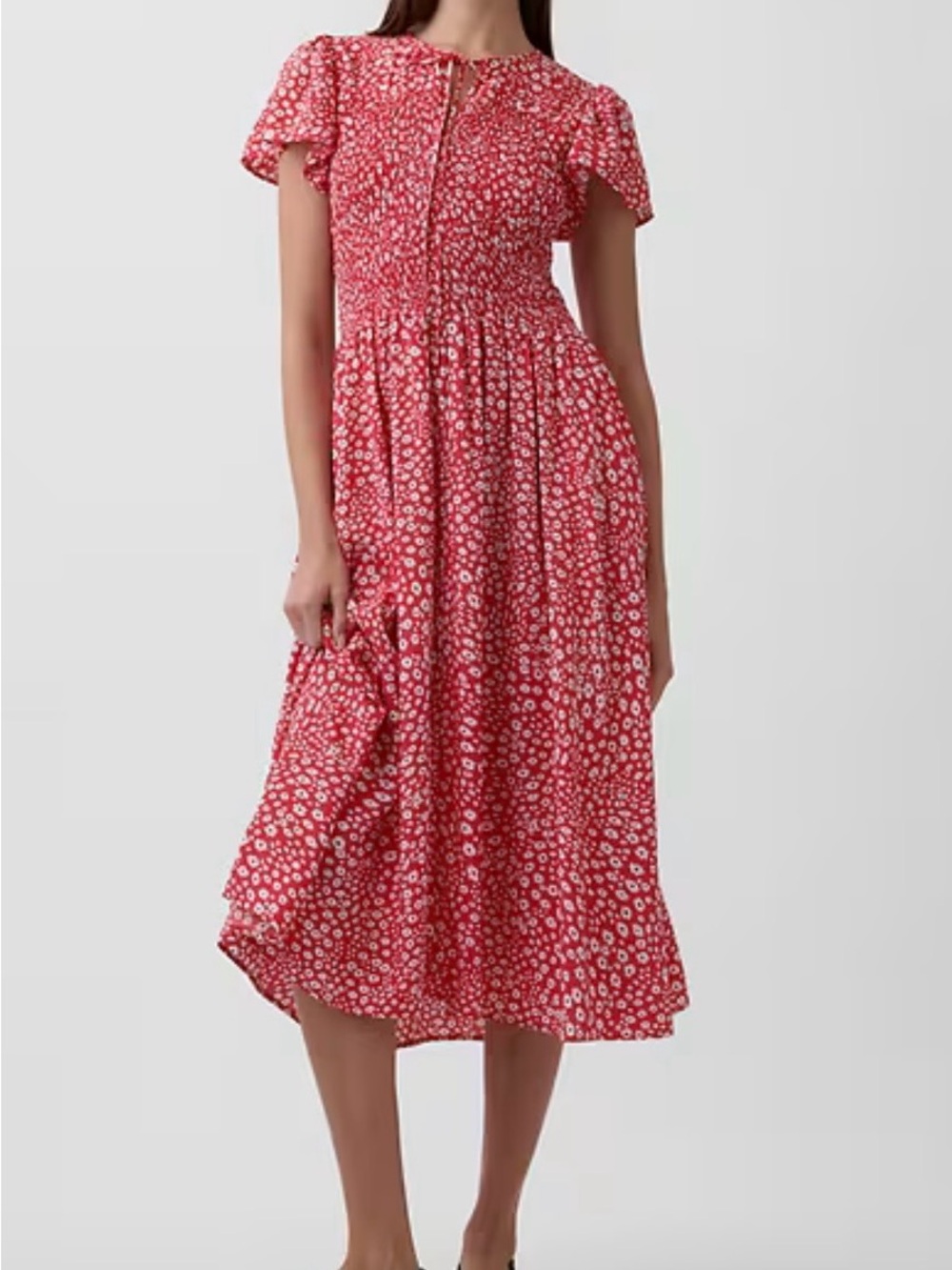 🆕-GAP Smocked Flutter Sleeve Red Floral Midi Dress. Size: Small